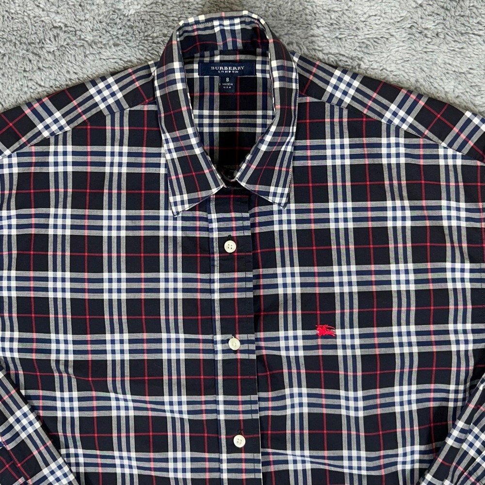 Burberry London Womens Navy Plaid Button Down Shirt Size 8 Made in USA Logo